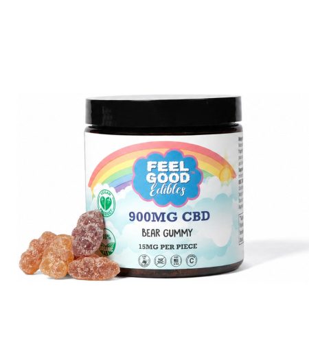 CBD bear gummy jar with colorful label and gummy candies in front, offering 900mg of CBD with 15mg per piece.