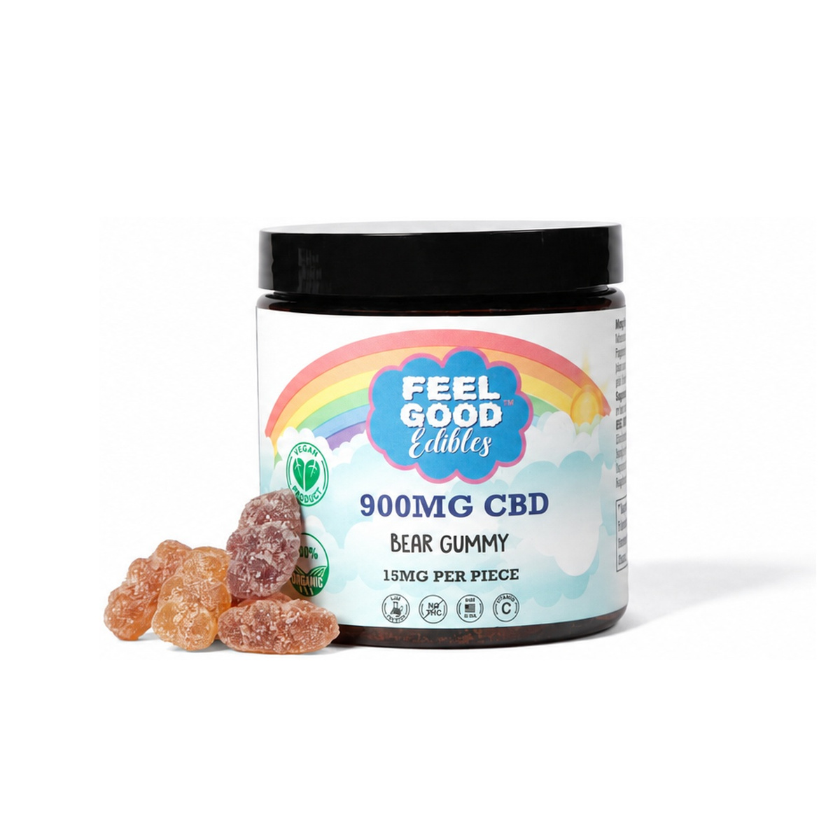 CBD bear gummy jar with colorful label and gummy candies in front, offering 900mg of CBD with 15mg per piece.