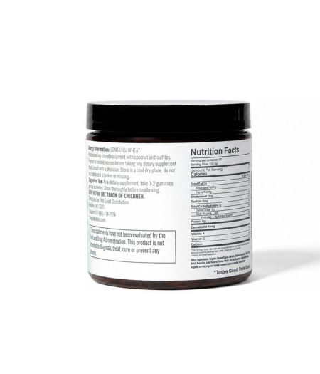 Nutritious gummy supplement jar labeled with nutrition facts and usage instructions.