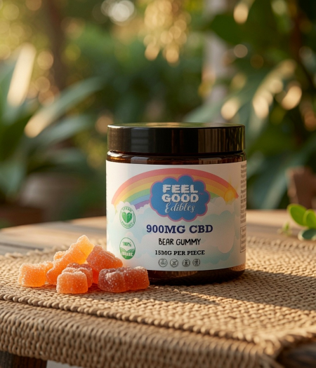 CBD bear gummy jar with gummy candies displayed on a textured surface in a natural setting.