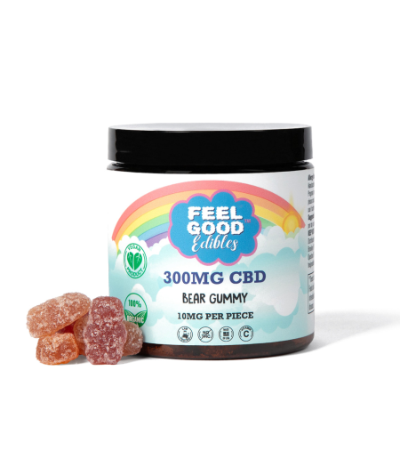 300mg CBD bear gummy jar with colorful label and three gummies in front. Ideal for relaxation and midday resetting.