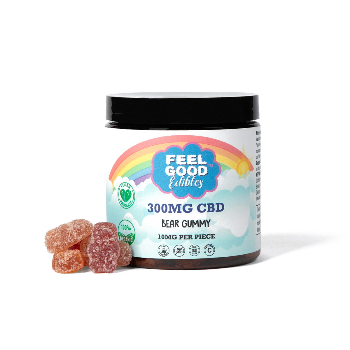 300mg CBD bear gummy jar with colorful label and three gummies in front. Ideal for relaxation and midday resetting.
