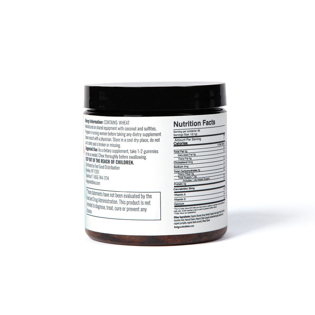 Nutrition facts and usage instructions for 300MG CBD Cherry Gummy packaging. Contains wheat and advises to keep out of children's reach.