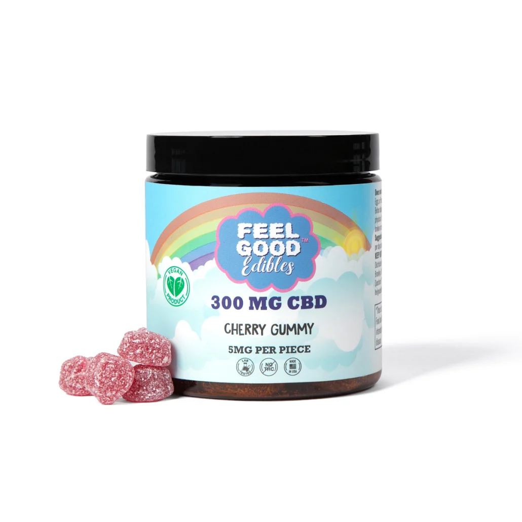 300MG CBD cherry gummy jar with several gummies nearby, showcasing vibrant packaging and nutritional details.