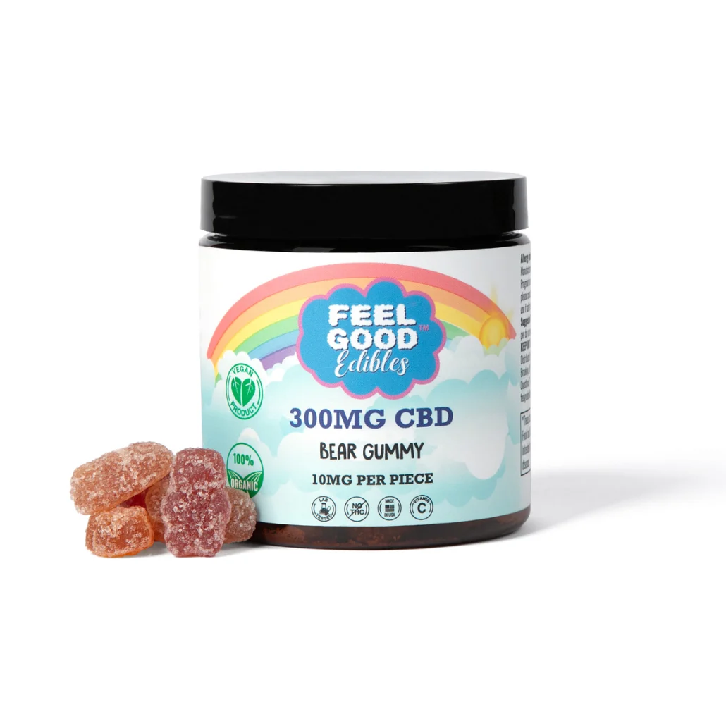 300MG CBD bear gummy bears in a jar, featuring a colorful label and several gummies displayed in front.