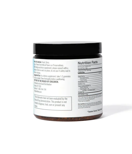300MG CBD cherry gummy jar with nutrition facts and usage instructions on the label.