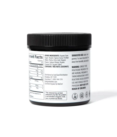 Cherry gummy jar with nutrition facts, ingredient list, and usage instructions for a 300MG CBD product.