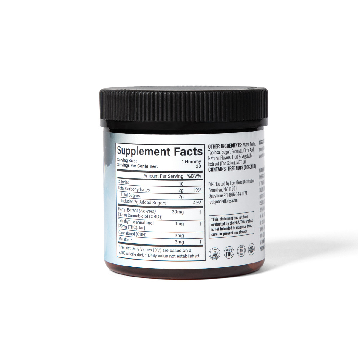 Supplement facts for 300MG CBD Cherry Gummy showing nutrition details and ingredients.