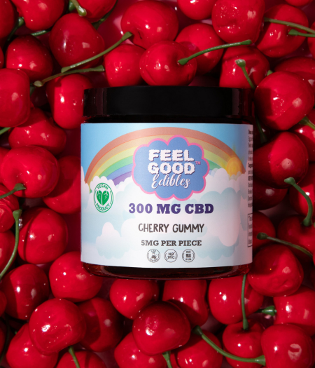 Cherry gummy jar placed among fresh cherries, showcasing the product for "The Gentle Lift" with CBD details.