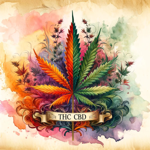 Watercolor painting of a cannabis plant divided into THC and CBD sections, featuring vibrant colors and intricate details.