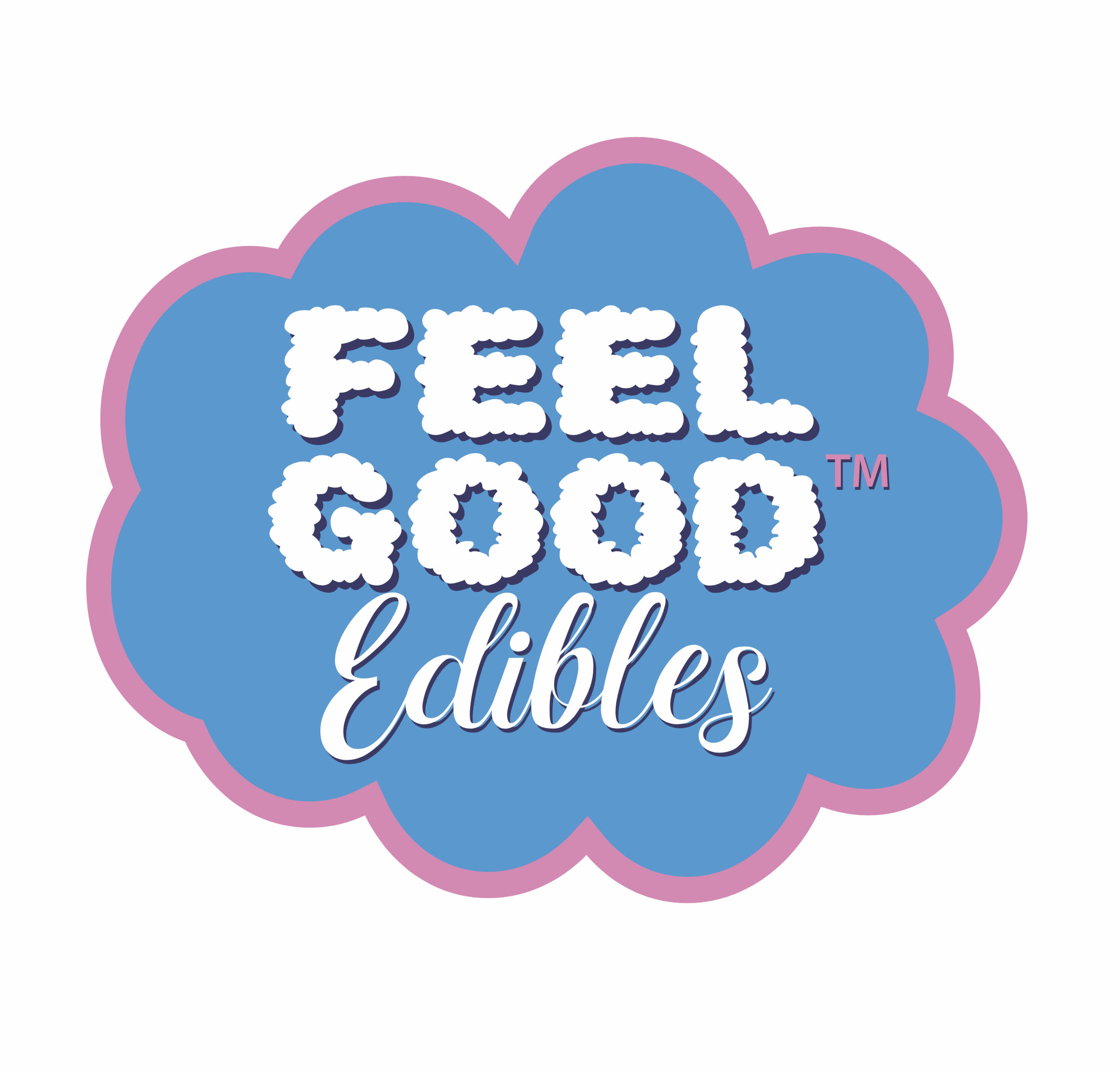 Feel Good Edibles logo featuring playful text on a blue cloud background with a pink outline.