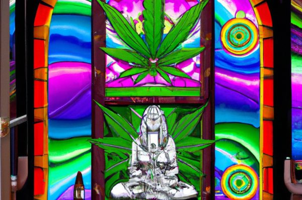 Stained,Glass,Vector-style,Image,Of,Meditation,And,Cannabis
