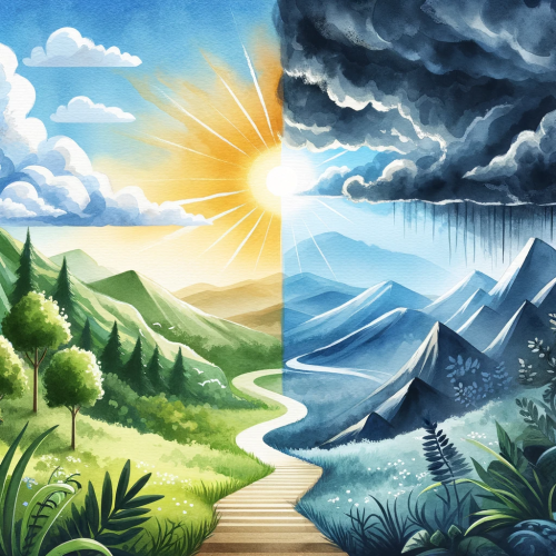 Watercolor painting contrasting sunny, vibrant landscape on the left with a dark, stormy scene on the right, symbolizing advantages and disadvantages.