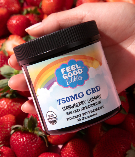 A hand holding a container of strawberry gummy CBD supplements surrounded by fresh strawberries.