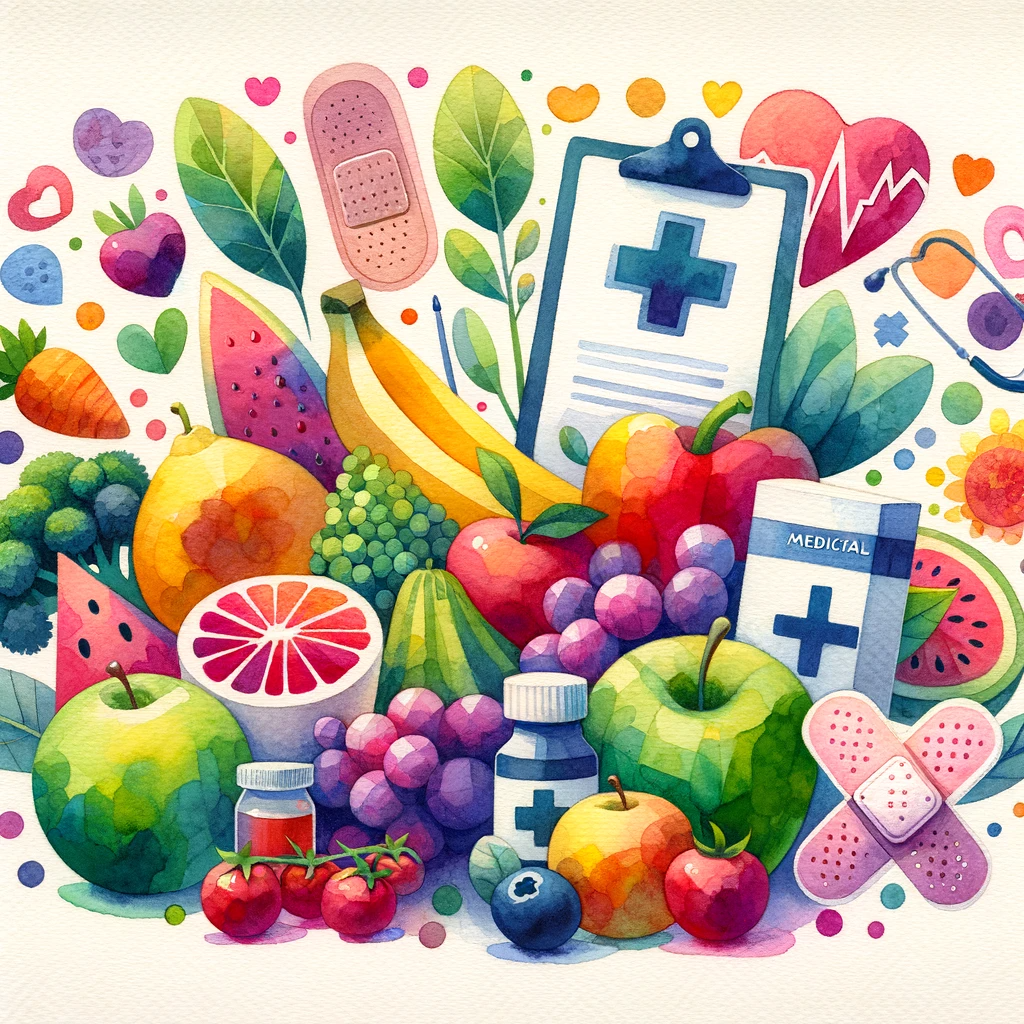 A colorful watercolor illustration featuring fruits, vegetables, medical items, and health-themed elements in an abstract style.