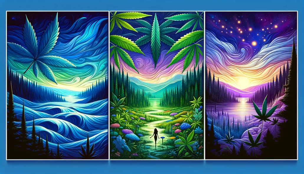 A vibrant triptych illustrating the differences between CBD, CBG, and CBN, featuring lush landscapes and colorful cannabis leaves.