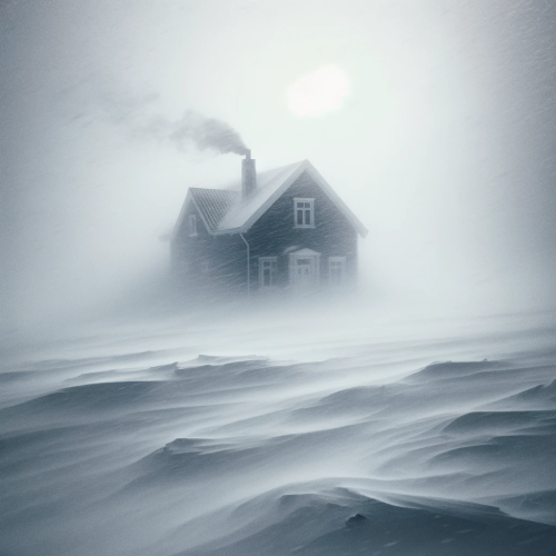 A dark house surrounded by a heavy snowstorm, with smoke rising from the chimney, creating an eerie atmosphere.