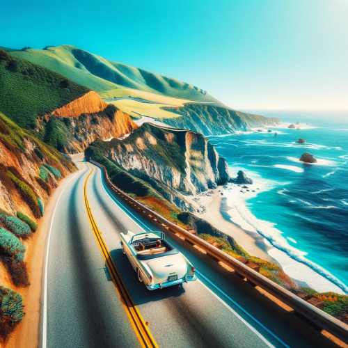 A classic convertible drives along a scenic California coast road with cliffs and the ocean in the background.