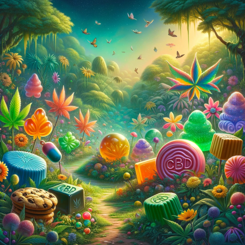 A vibrant, enchanted garden filled with colorful CBD edibles and flowers, showcasing the rise of CBD in wellness.