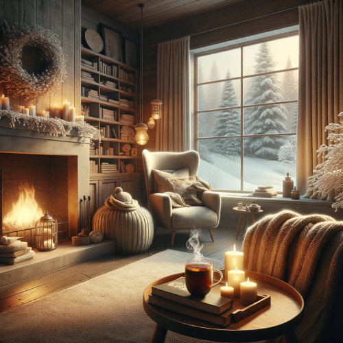 Cozy winter scene featuring a warm fireplace, comfortable chair, and snowy landscape visible through a large window.