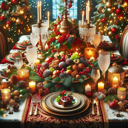 An elegant holiday table setting featuring a variety of fruits, candles, and festive decorations for a gourmet winter feast.