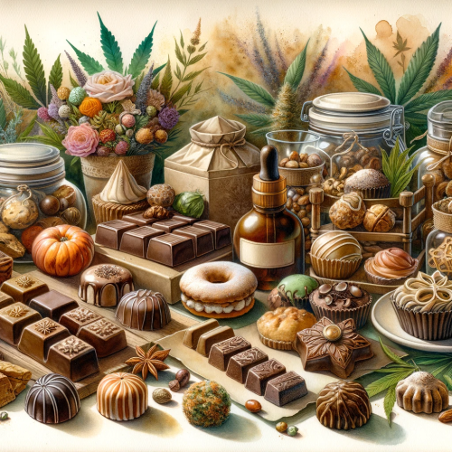 A watercolor painting showcasing an array of cannabinoid edibles, including chocolates, cookies, and decorative jars, surrounded by hemp leaves.