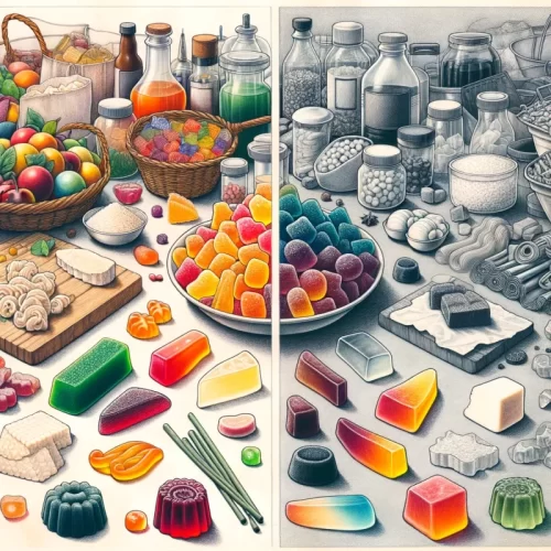 Detailed drawing comparing homemade and store-bought gummy edibles, showcasing ingredients and various gummy types.