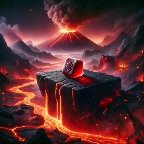 A single gummy edible rests on a rocky surface with a dramatic, active volcano and lava flows in the background.