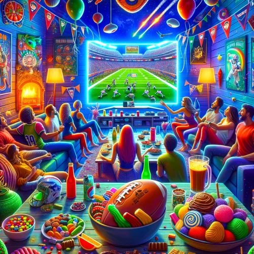 A lively living room scene filled with people enjoying the Super Bowl, surrounded by snacks and colorful edibles.