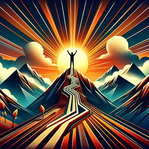 A person stands triumphantly atop a mountain, surrounded by rays of sunlight, symbolizing the journey from struggle to success.