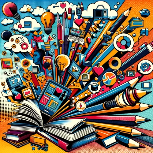 Vibrant pop art piece illustrating trends in education with symbols like books, tools, and technology, emphasizing creativity and innovation.
