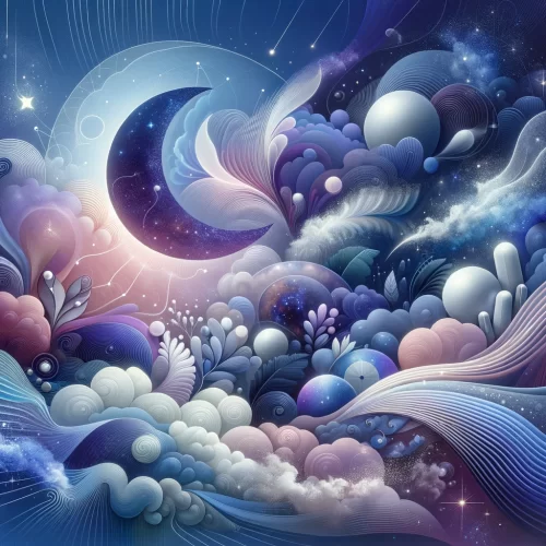 Abstract digital artwork depicting a dreamy night scene with a crescent moon, swirling clouds, and colorful cosmic elements.
