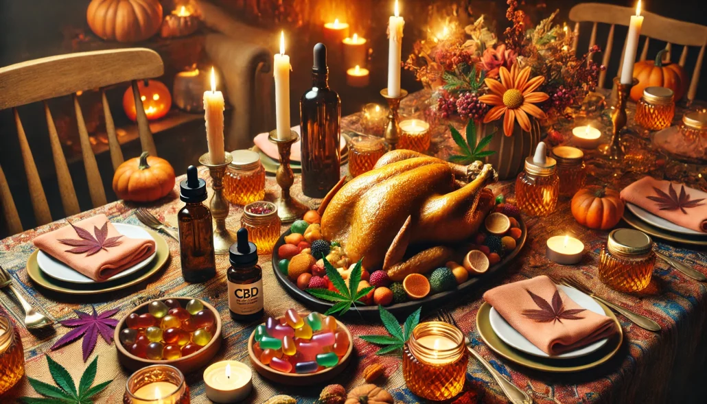 A beautifully arranged Thanksgiving dinner table featuring a golden turkey, autumn decorations, candles, and CBD products.