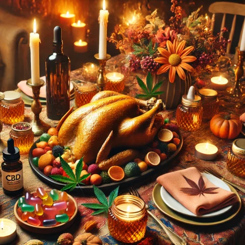 A festive Thanksgiving dinner table with a beautifully arranged turkey, autumn decorations, glowing candles, and CBD products.