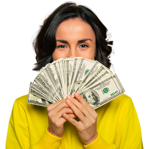 Woman holding a fan of cash, smiling, wearing a bright yellow top, illustrating success in affiliate marketing.