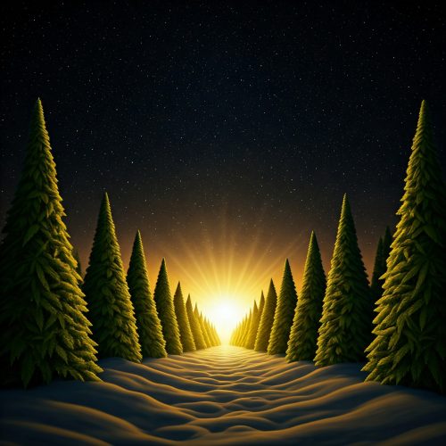 A sun rising between tall evergreen trees over a snowy path, set against a starry night sky.