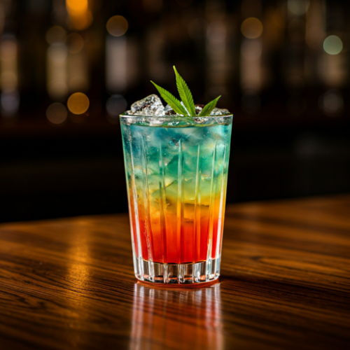 A colorful layered drink with ice and garnished with green leaves, representing cannabinoid-infused alternatives to alcohol.
