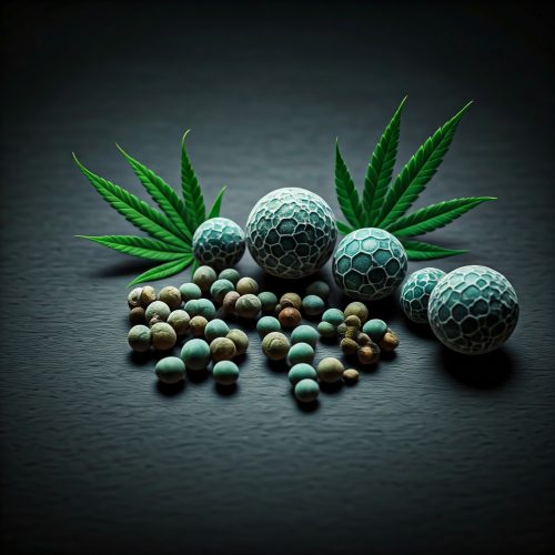 Synthetic cannabinoid spheres and seeds alongside cannabis leaves on a dark surface.