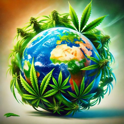 The Earth is surrounded by cannabis leaves, symbolizing a global perspective on cannabis culture and perception.