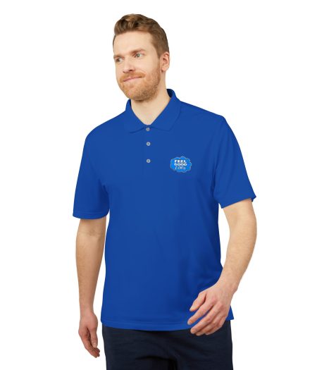 Man wearing a bright blue polo shirt with a "Feel Good" logo on the chest, smiling and standing against a white background.