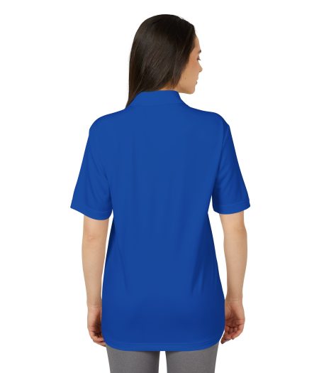 Back view of a woman wearing a blue Feel Good Polo shirt. The shirt has short sleeves and a classic collar.