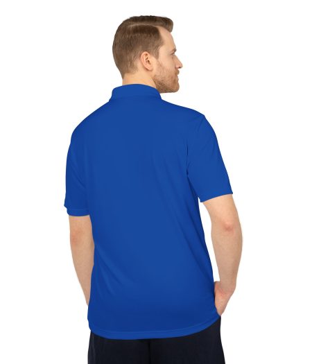 Men's blue polo shirt featuring a classic design, showcased from the back. Ideal for casual or semi-formal occasions.