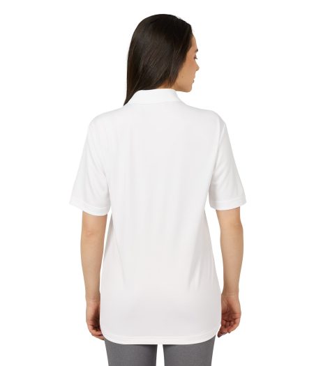Model wearing a white polo shirt, viewed from the back, showcasing its relaxed fit and short sleeves.