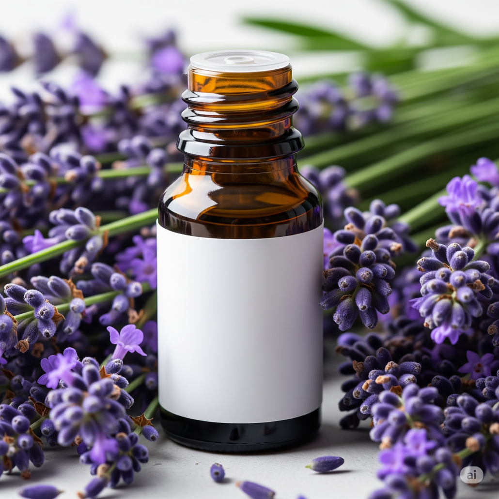 Amber bottle surrounded by lavender sprigs, highlighting the aromatic qualities of terpenes in cannabis.