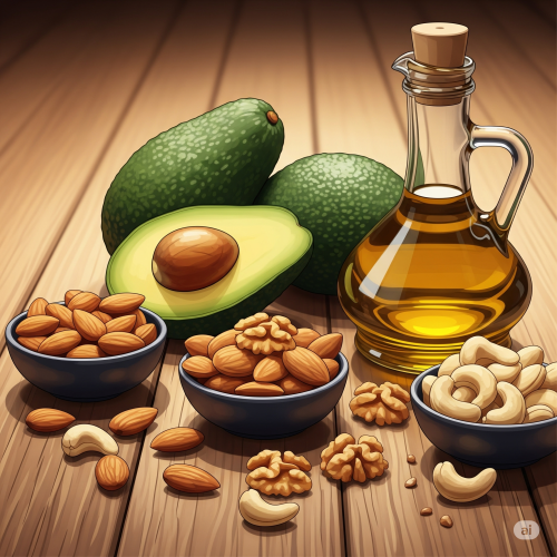 Assorted nuts, avocados, and olive oil on a wooden surface, highlighting high-fat foods for improved CBD absorption.