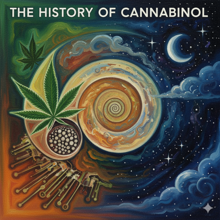 Colorful artwork depicting the history of cannabinol, featuring cannabis leaves, swirling galaxies, and abstract patterns.