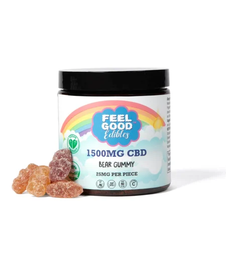 1500MG CBD bear gummy jar with colorful label and gummies displayed beside it, offering 25mg of CBD per piece.