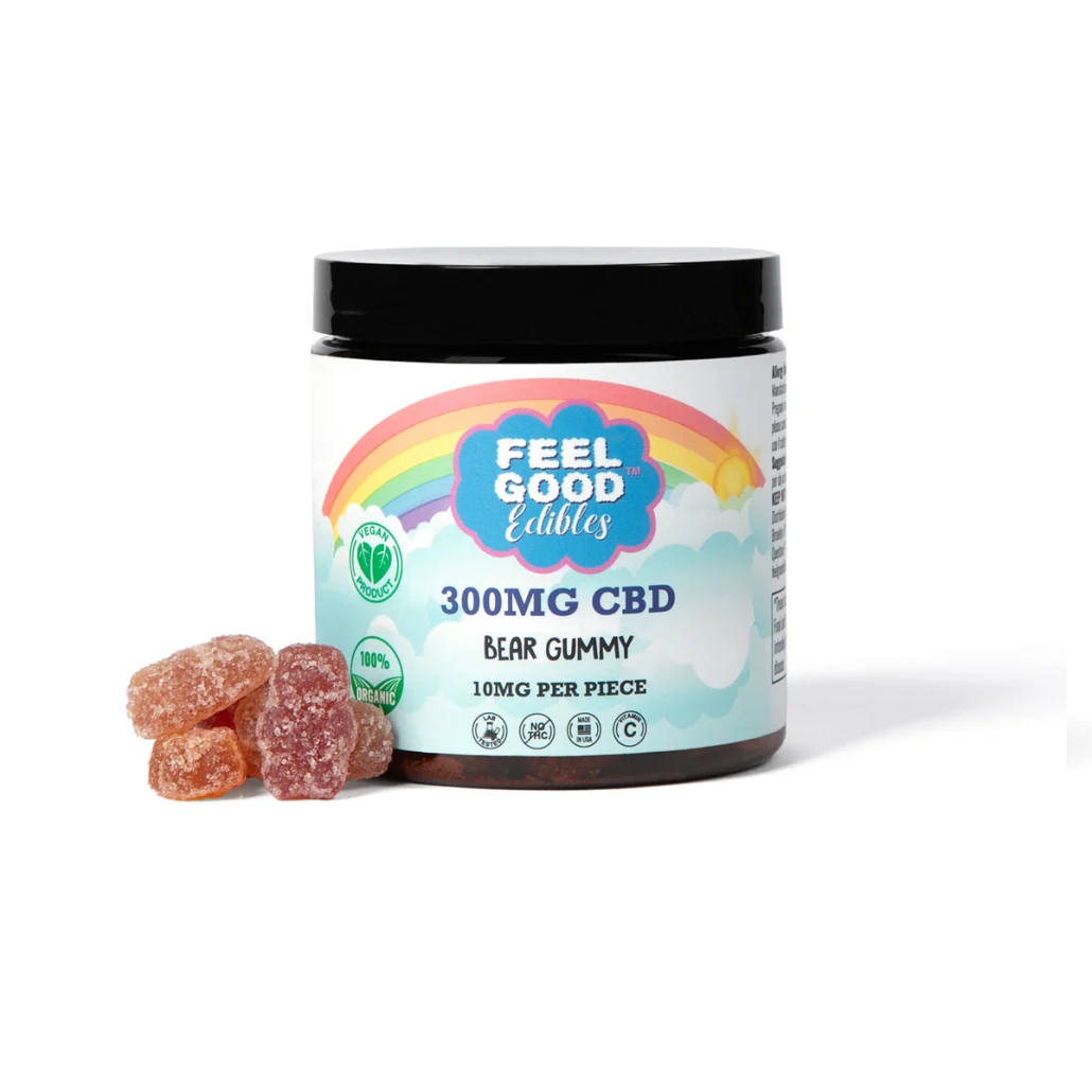 300mg CBD bear gummy jar with colorful label and assorted gummy bears beside it.