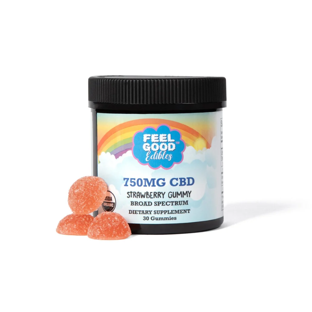 Strawberry CBD gummies in a container, featuring a colorful label that states 750MG CBD and dietary supplement details.