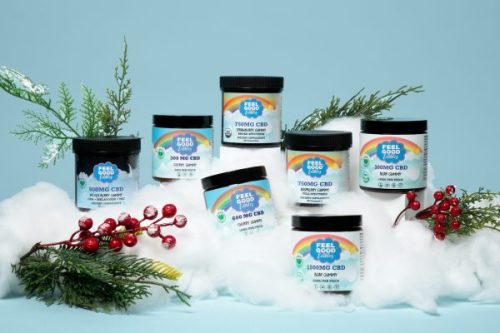 Various CBD jars arranged with festive greenery and red berries against a soft blue background.